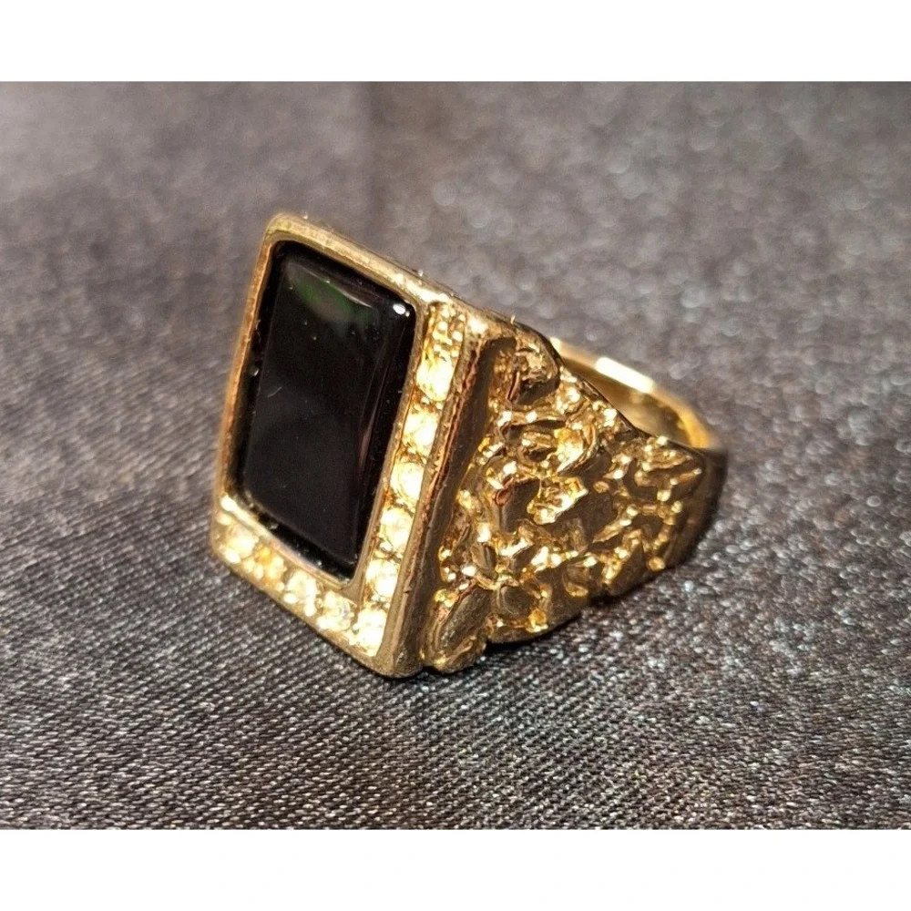 Mens Gold Tone Nugget Signet Ring Black Onyx Style Stone Rhinestones Size 9